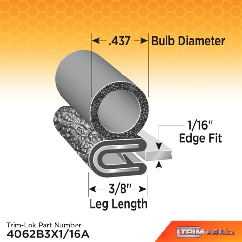 TRIM-LOK Trim Seal, Edge Trim with Side Bulb, Fits 0.437-Inch Bulb, 1/16-Inch Edge, 3/8-Inch Leg, 25-Foot Length, Black Pebble Finish, Flexible PVC Plastic Trim with EPDM Rubber Weather Stripping - style: 0.437" Bulb, 1/16" Edge, 3/8" Leg, 25 Feet