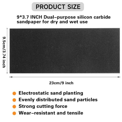 42Pcs Sandpaper Assortment,120/220/400/600/800/1000/2000 Grit, 9 x 3.6 Inch, Wet Dry Sand Paper, Silicon Carbide Grit Material, Suitable for Sanding and Polishing Wood, Metal, Stone, Walls