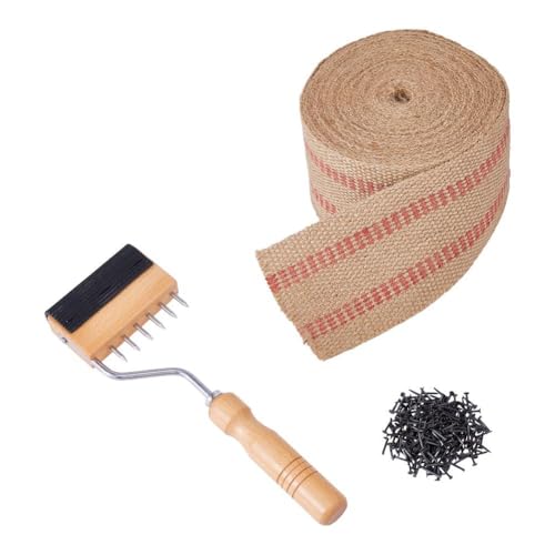 DICOSMETIC 1Set Webbing Stretcher Wood Handle Webbing Puller Stretcher Upholstery Tool Gooseneck Puller Stretchers with 270Pcs Iron Nail and 10m Jute Ribbon for Leather Carpet Canvas Furniture Repair