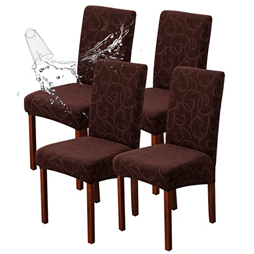 Waterproof Dining Room Chair Covers, Stretch Parsons Chair Slipcovers - color: Flower Pattern-chocolate, size: Regular-4 Pack