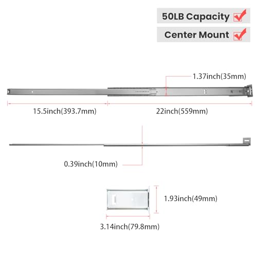 homdiy 22 Inch Heavy Duty Center Mount Drawer Slides Track (1 Pcs) - size: 22 Inch, style: 1 Pack