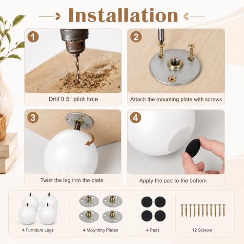 4 Inch Wooden Sofa Legs Set of 4 White Wood Round Sofa Legs with Mounting Plate Screws Solid Wood Furniture Feet for Couch Bed Cabinet Bookcase Ottoman - color: White