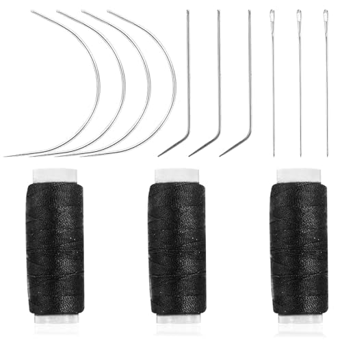 KALIONE Hair Needle and Thread Set 13 Pcs Set Hair Extension Tools Curved Needle Black Weaving Thread for Making Wig, Sew in Needles and Threads Hand Sewing Hairs Weave Extension