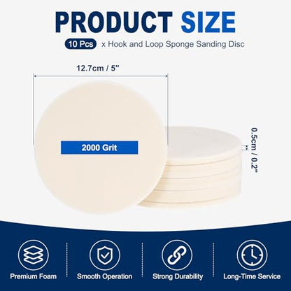 10Pcs 5 Inch Hook and Loop Sponge Sanding Disc, 2000 Grit - size: 5 Inch 2000 Grit