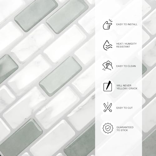 Peel and Stick Backsplash Tile, 10-Sheet Sage Green Self Adhesive Marble Tile, Stick on Backsplash for Kitchen and Bathroom, 12"x12" Wall Tiles with Marble Look - color: Sage Green
