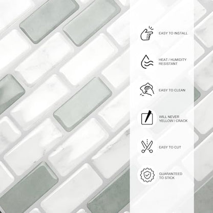 Peel and Stick Backsplash Tile, 10-Sheet Sage Green Self Adhesive Marble Tile, Stick on Backsplash for Kitchen and Bathroom, 12"x12" Wall Tiles with Marble Look - color: Sage Green