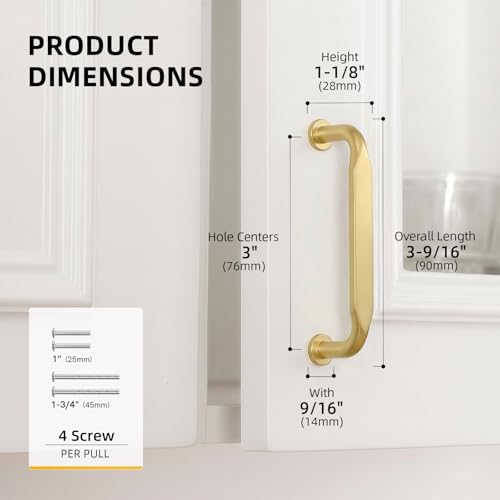 Goldenwarm 10 Pack 3 Inch Brushed Brass Cabinet Pulls Solid Cabinet Handle - color: Brushed Brass, size: 3 Inch Hole Center