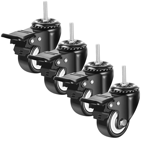 DICASAL 2" Swivel Stem Wheels, 1/4"-20x1 Imperial Threaded Stem Caster Mute No Noise Premium PU Material Wheels with Brake for Furniture and Industry Set of 4 - style: 2 Inch stem casters with imperial 1/4-20 thread