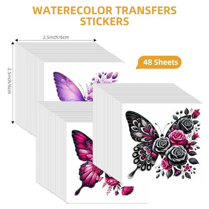 48 Sheets Rub on Transfers for Crafts and Furniture Rub on Transfer Stickers Decals for Wood,2.5 * 2.5inch (Butterfly Flower) - style: Butterfly Flower