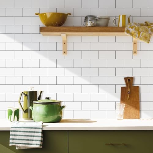 Vamos Tile 100-Piece Glossy Pure White Peel and Stick Backsplash Tile,3''x6'' PVC Subway Tile with Dark Gray Grout,Stick on Backsplash for Kitchen/Bathroom/Fireplace - color: Pure White with Dark Gray Grout