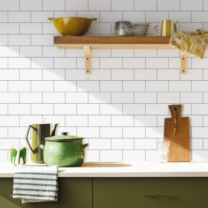 Vamos Tile 100-Piece Glossy Pure White Peel and Stick Backsplash Tile,3''x6'' PVC Subway Tile with Dark Gray Grout,Stick on Backsplash for Kitchen/Bathroom/Fireplace - color: Pure White with Dark Gray Grout