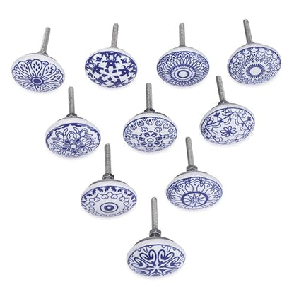 Ajuny 10 Blue White Ceramic Cabinet Knobs, Printed Drawer Pull Handles Set - color: Blue-White