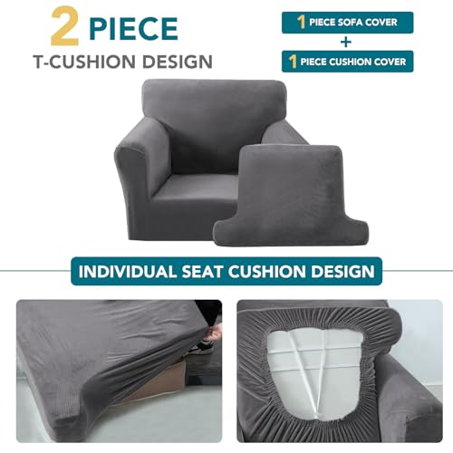 2 Pieces T Cushion Chair Covers with Arms Thick Velvet Couch Cover Stretch T Cushion Sofa Covers for Living Room Chair Cover with Individual T Cushion Covers , Washable (1 Cushion Chair, Gray) - color: Grey, size: Armchair (1 Cushion)