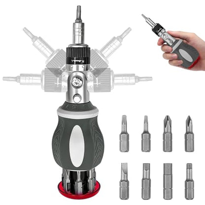 1 PCS Ratcheting Screwdriver, Tool Screw Driver180 Degrees Rotating, Bit Swivel Head Tool for Narrow Space Repair, Magnetic Screwdriver Bits and Socket Set, Silvery