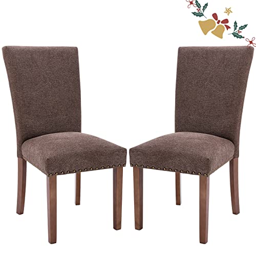 Parsons Dining Chairs Set of 2, Upholstered Nailhead Dining Room Kitchen Side Chair with Thick Cushions and Wood Legs, Brown - color: Brown, size: set of 2