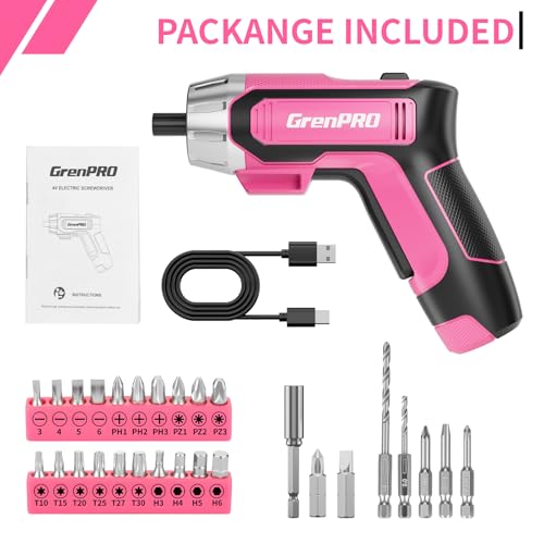 GRENPRO 4V Cordless Electric Screwdriver Set, 29-Piece, Pink - color: Pink
