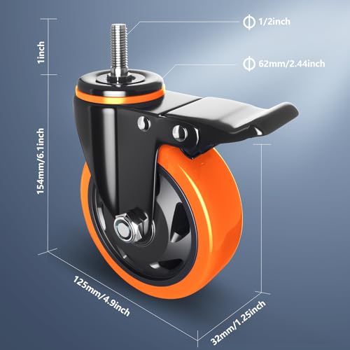 5 Inch Stem Caster Wheels 1/2" Heavy Duty 2200Lbs Casters Set of 4 - color: Orange, size: 5in(1/2"-13)
