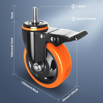 5 Inch Stem Caster Wheels 1/2" Heavy Duty 2200Lbs Casters Set of 4 - color: Orange, size: 5in(1/2"-13)