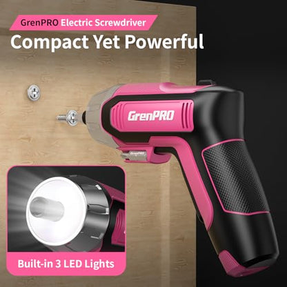 GRENPRO 4V Cordless Electric Screwdriver Set, 29-Piece, Pink - color: Pink