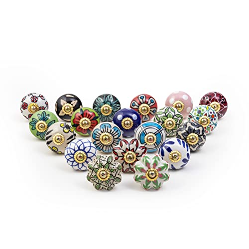 RAJRANG Multicolor Ceramic Cabinet Knobs Pack of 20 Dresser Drawer and Furniture Hand Painted Antique Boho Cupboard Pull Knob
