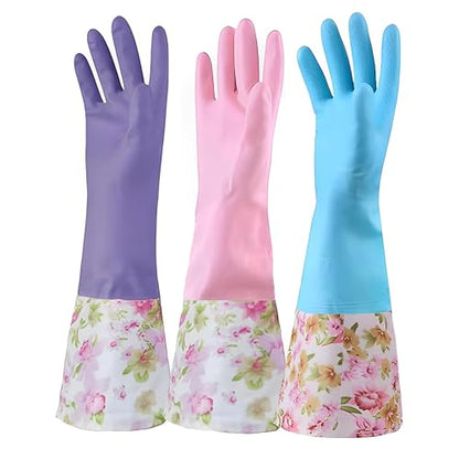 KINGFINGER Cleaning Glove, 3 Pairs Kitchen Glove for Washing Dishes, Latex Free Reusable Elbow Length Household Gloves - size: Medium