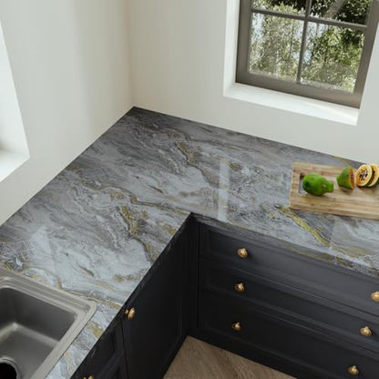 Grey and Gold Marble Granite Wallpaper Glossy Waterproof Gray Marble Contact Paper for Cabinet Table Desk Peel and Stick Modern Vinyl Countertop Wrap, Sticky, Removable, Thick, 11.8"x118" - color: Glossy Grey, size: 11.8" x 118"
