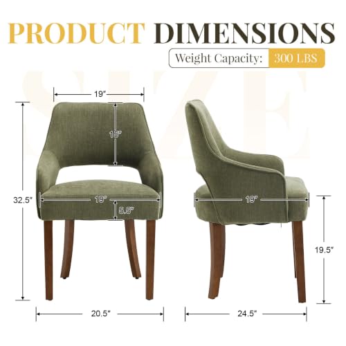 chairus Farmhouse Dining Chairs with Arms Set of 4, Chenille Upholstered Kitchen Chairs, Curved Open Back Dining Room Chairs with Thick Cushion & Walnut Wood Legs, Green - color: Green