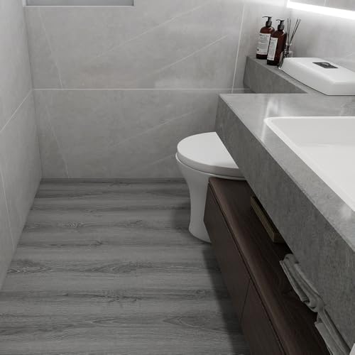 Wood Grain Peel and Stick Floor Tiles, 11.8" x 118", Soft Gray Oak - color: Ashline Rustic, size: 118"*11.8"