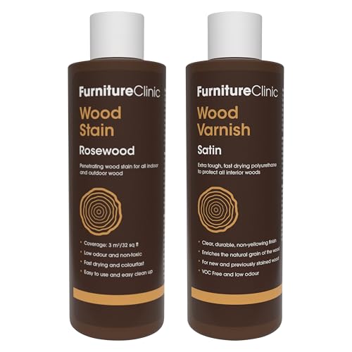 Furniture Clinic 8.5oz Rosewood Wood Stain + 250ml Satin Wood Varnish | Water Based | Fast Drying, Low Odor, & Non-Toxic | for Indoor & Outdoor Furniture and More