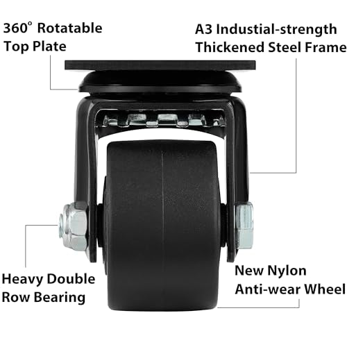 Finnhomy 2 Inch Caster Wheels Set of 4 Heavy Duty Low Profile Plate Swivel Casters Premium Solid Nylon Wheels 2,200 Lbs Anti-wear Furniture Casters Extra-Wide Smooth for Industrial Workbench Black - size: 2" (No Brake)