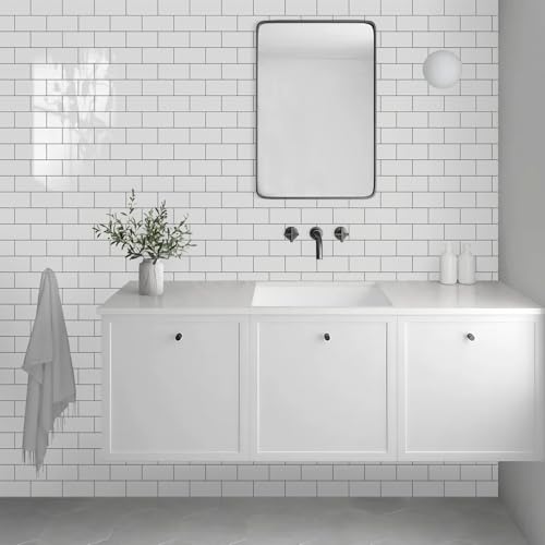 Vamos Tile 100-Piece Glossy Pure White Peel and Stick Backsplash Tile,3''x6'' PVC Subway Tile with Dark Gray Grout,Stick on Backsplash for Kitchen/Bathroom/Fireplace - color: Pure White with Dark Gray Grout
