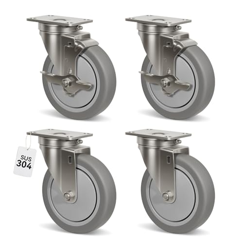 5" Caster Wheels, Stainless Steel Casters Set of 4 Heavy Duty, Anti-Corrosion Rubber Industrial Caster Wheels for Hospitals Food Labs(2 Brake& 2 Swivel) - style: 2 Brake&2 Swivel