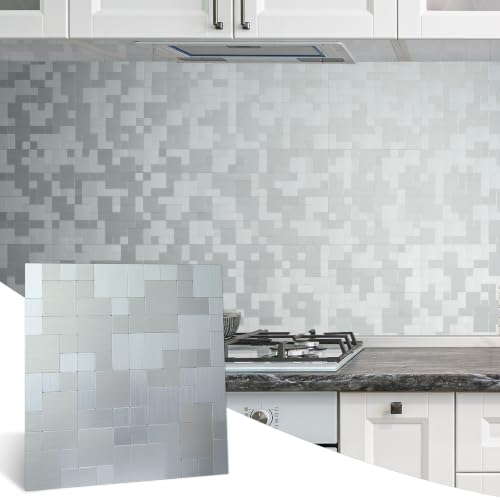 DICOFUN Metal Peel and Stick Tile Backsplash, Stainless Steel Kitchen Metal Backsplash Tile, Stick on Backsplash for Kitchen (10) - color: Brushed Silver, size: 10 Sheets, 12"x12"x0.12"