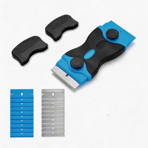 2-in-1 Scraper Tool cleaning with 20 Blades (10 Metal, 10 plastic), Multi-Purpose plastic scraper for Glass Stove Top, Paint & Sticker Removal, Floor and Window - Blue