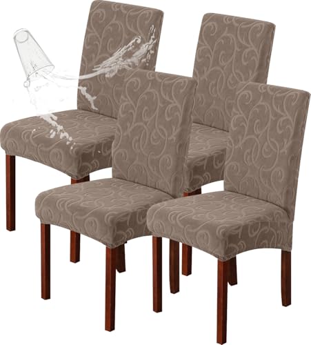 Waterproof Dining Room Chair Covers, Stretch Parsons Chair Slipcovers - color: Flower Pattern-taupe, size: Regular-4 Pack