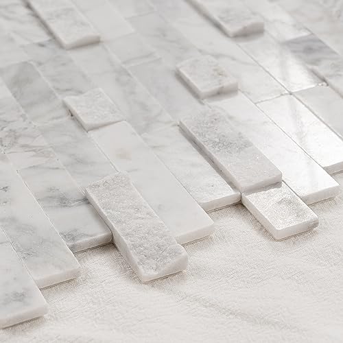 5-Sheet Real Stone Peel and Stick Backsplash — 3D Linear Marble Mosaic, 8mm Thick Solid Natural Stone Tiles for Kitchen, Fireplace & Vanity (11.5"x10.7", Mixed Gray) - color: Carrara white