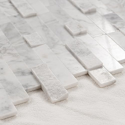 5-Sheet Real Stone Peel and Stick Backsplash — 3D Linear Marble Mosaic, 8mm Thick Solid Natural Stone Tiles for Kitchen, Fireplace & Vanity (11.5"x10.7", Mixed Gray) - color: Carrara white