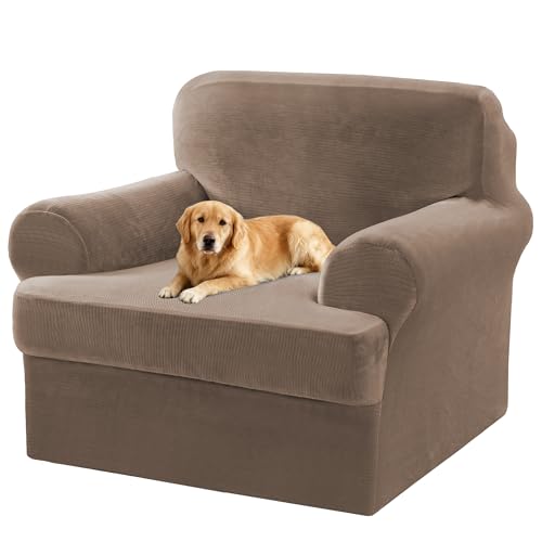 2 Pieces T Cushion Chair Covers with Arms Thick Velvet Couch Cover Stretch T Cushion Sofa Covers for Living Room Chair Cover with Individual T Cushion Covers , Washable (1 Cushion Chair, Mocha) - color: Mocha, size: Armchair (1 Cushion)