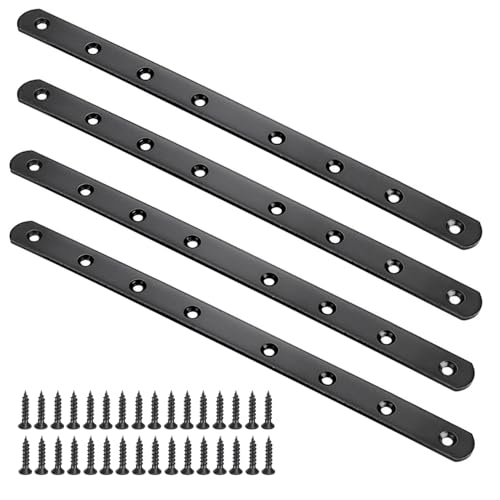 12" Flat Mending Plate 4Pcs Flat Straight Braces Stainless Steel Straight Brackets, Repair Fixing Bracket Connector, Mending Joining Plates with Screws, Black