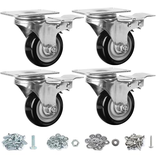 Finnhomy 3 Inch Caster Wheels Set of 4 with Brake Heavy Duty Plate Swivel Casters Premium Polyurethane Wheels Bearing 2,200 Lbs Lockable Anti-wear Smooth Casters for Workbench Black (Free Screws) - style: 3" (with Brake)