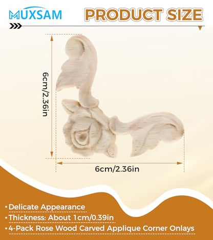 MUXSAM Rose Carved Appliques Onlays, 4Pcs Unpainted Wood Carvings Decals - size: 6x6cm/2.36"x2.36"