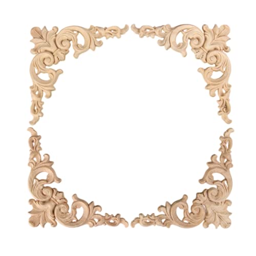 4Pcs Wood Applique Onlay, Unpainted Wooden Carved Corner Decals - size: 15x15cm/5.9x5.9in