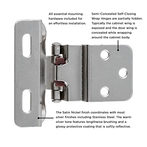 Hickory Hardware P61030F-SN Self Closing Semi-Concealed Hinge 1/4 Inch Overlay, 3/8 Inch Inset - Easy Installation - 170° Opening Angle Face Frame Cabinet Hardware Hinge - Satin Nickel 1 Pair