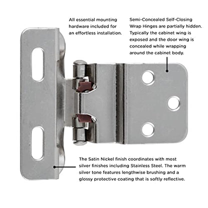 Hickory Hardware P61030F-SN Self Closing Semi-Concealed Hinge 1/4 Inch Overlay, 3/8 Inch Inset - Easy Installation - 170° Opening Angle Face Frame Cabinet Hardware Hinge - Satin Nickel 1 Pair