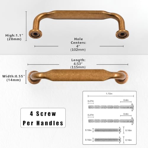10 Pack Antique Brass Cabinet Pulls 4 Inch(102mm) Kitchen Cabinet Handles Solid Zinc Alloy Cabinet Hardware Drawer Pulls - color: Antique Brass, size: 4" Hole Center