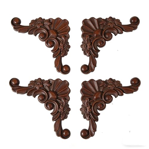 4PCS Unpainted Furniture Onlay Applique Frame Corner for Home, 9.5x9.5cm/3.74"x3.74", Unpainted Woodcarving Corner Decal Cabinet Door Wall Ceiling Dresser