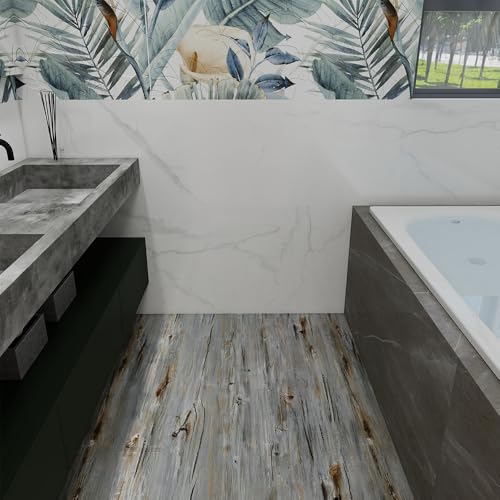 Wood Grain Peel and Stick Floor Tiles, 11.8" W × 118" L, Tide‑Washed - color: Sunwashed Blue, size: 118"*11.8"
