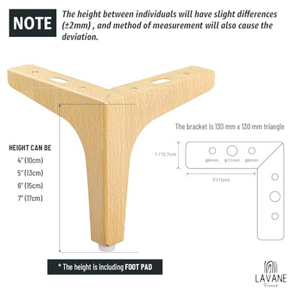 La Vane 4 Inch Diamond Triangle Metal Furniture Legs 4PCS- Heavy Duty Iron - color: Natural Wood, size: 4" / 10cm