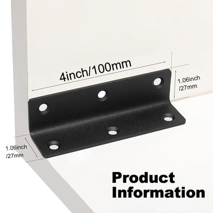 L Bracket, Heavy Duty Corner Brace, 4 Pack 4" Metal Shelf Bracket Angle Bracket for Shelves, Black L Brackets for Wood,100mm Overall Length - size: 4 Inch