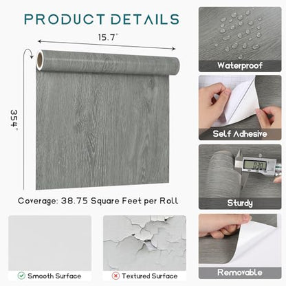 VEELIKE Ash Grey Wood Wallpaper Peel and Stick Countertop Waterproof Thick Wood Grain Contact Paper for Countertops Table 15.7''x354'' Self Adhesive Removable Cabinet Vinyl Wrap for Kitchen Bathroom - size: 15.7" x 354"